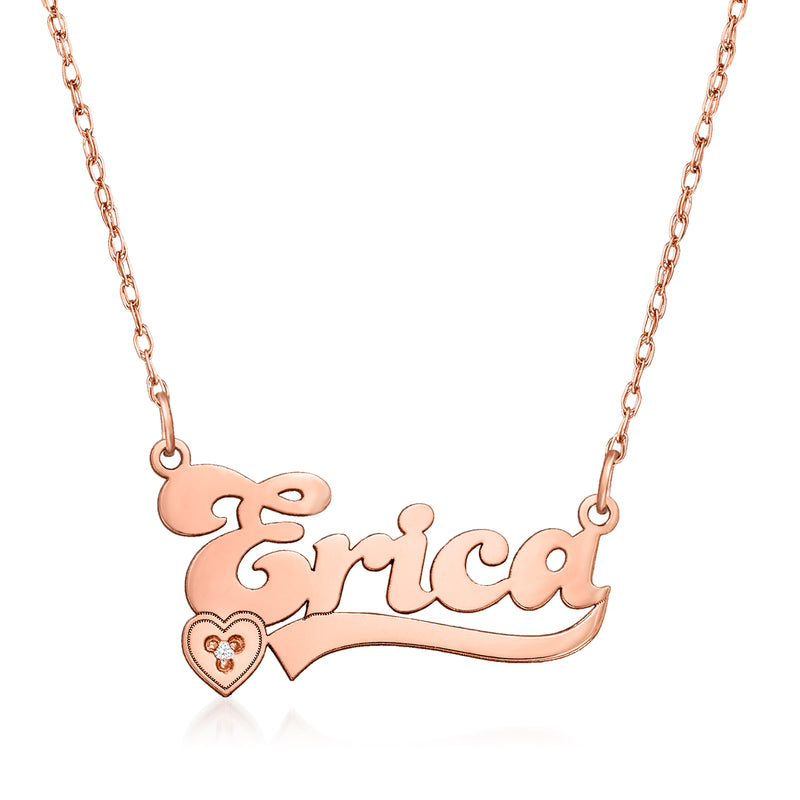 Rose gold name necklace with cursive pendant and small diamond heart