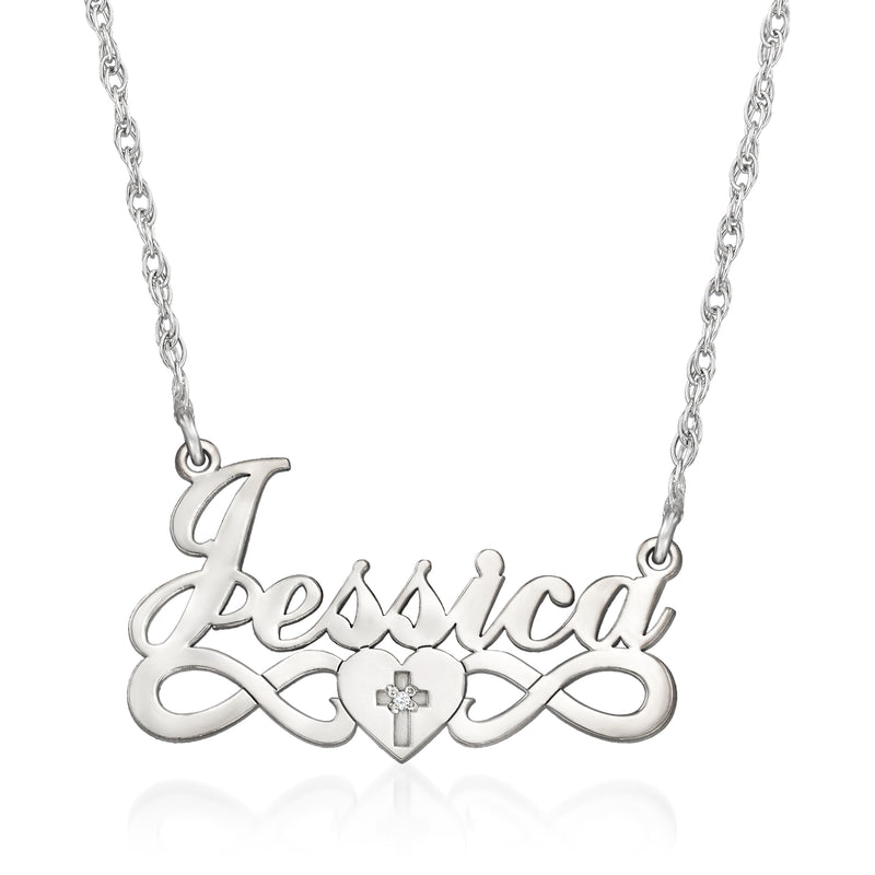 Sterling silver personalized name necklace with heart and cross accent, diamond-style stone