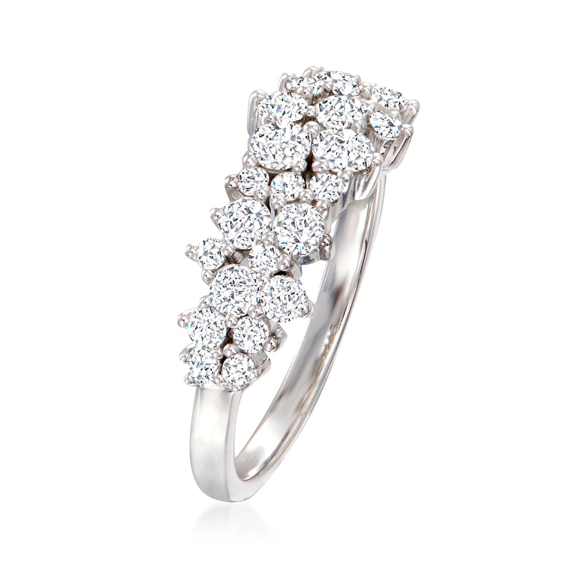 14kt white gold diamond cluster ring, multi-row round stones with prong settings.