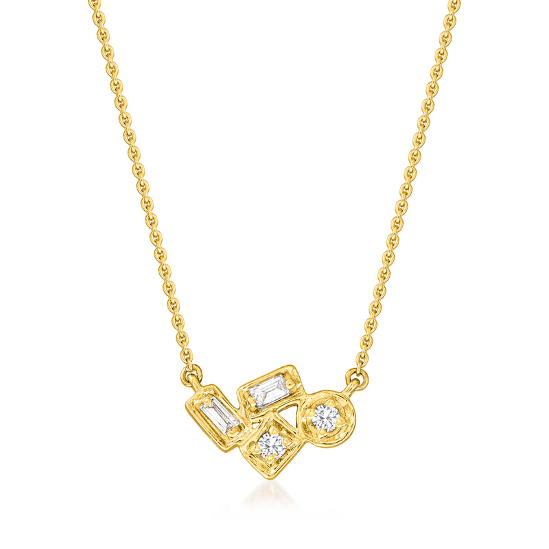 14kt yellow gold geometric station necklace with baguette and round diamond accents