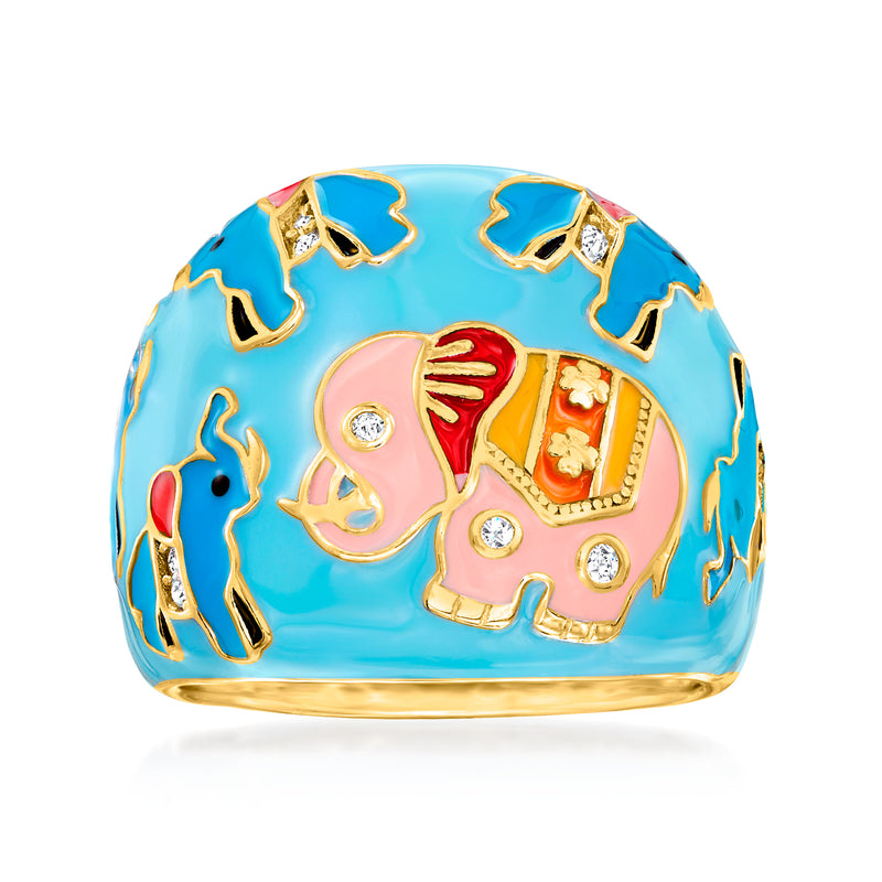 Gold-tone elephant ring with multicolored enamel and small round clear stones