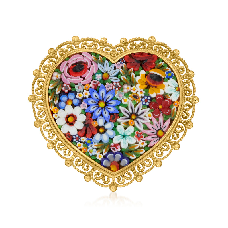 Heart-shaped floral mosaic Murano glass pin with multicolor flowers and gold-tone frame