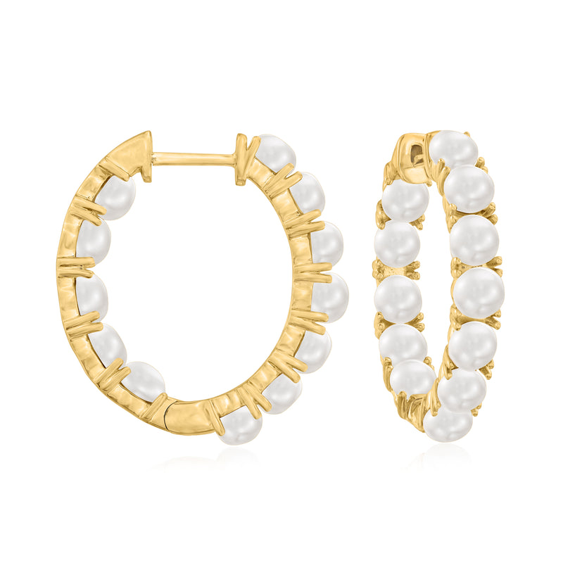 18kt gold hoop earrings with 3.5–4mm cultured white pearls, hinged clasp