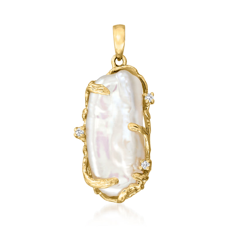 14kt yellow gold baroque pearl pendant with diamond accents, loop bail