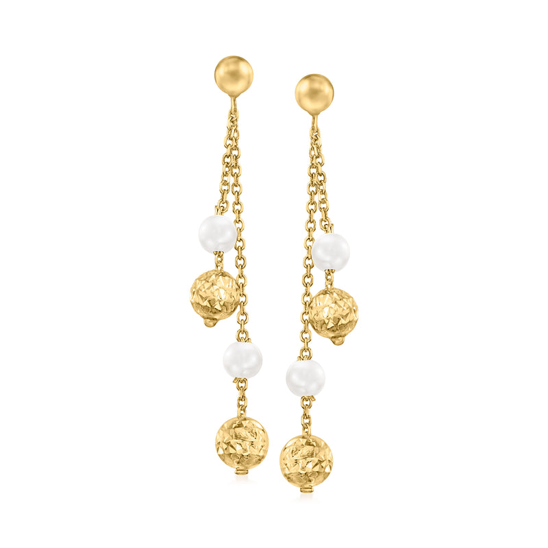 14kt yellow gold pearl and bead drop earrings with gold beads and white pearls