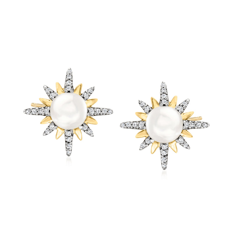 14kt yellow gold starburst pearl stud earrings with round white pearl and clear stone rays