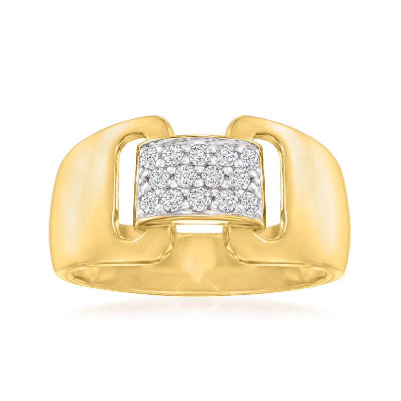 Gold over sterling buckle ring with pave diamond center