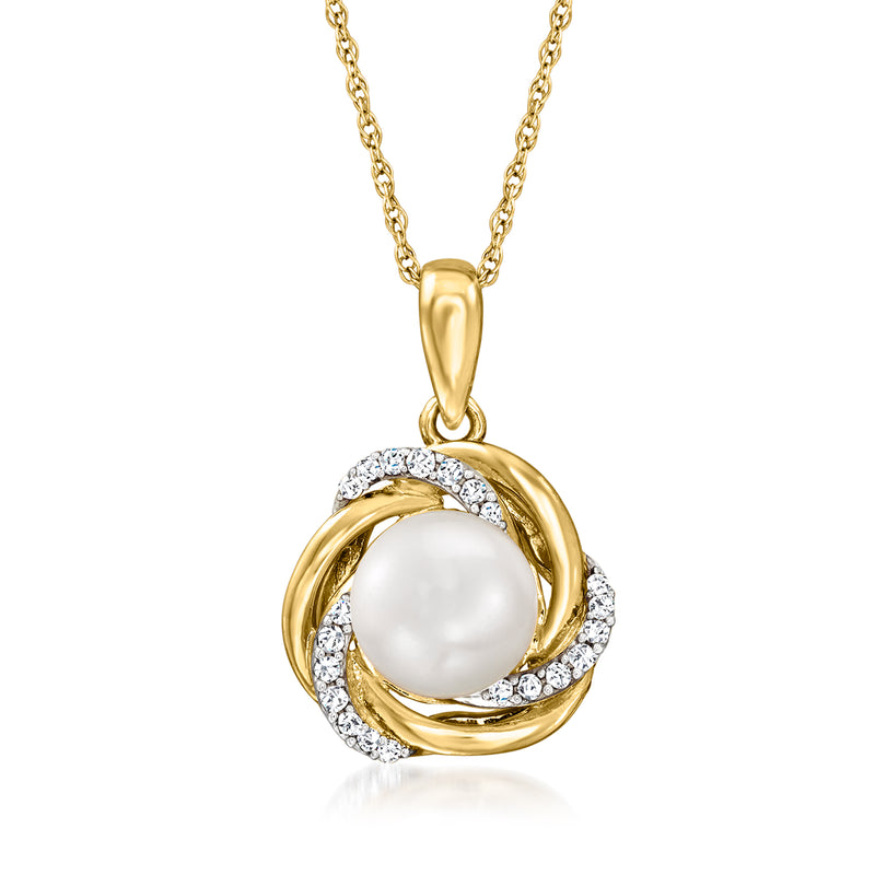 14kt yellow gold love-knot pearl pendant with diamond accents and round pearl center
