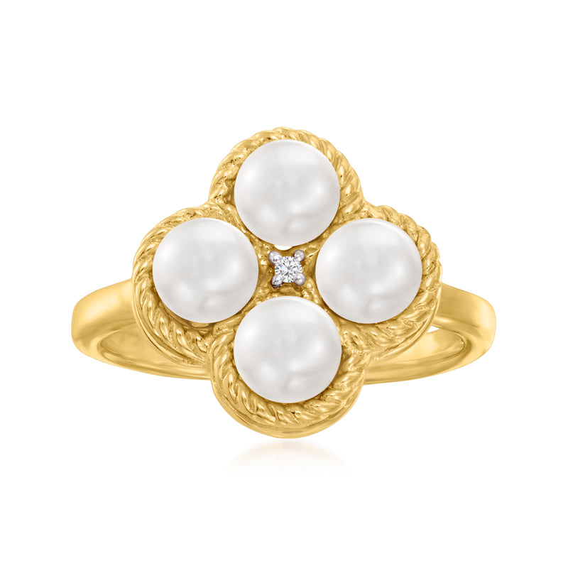 Gold ring with four white cultured pearls and small diamond accent