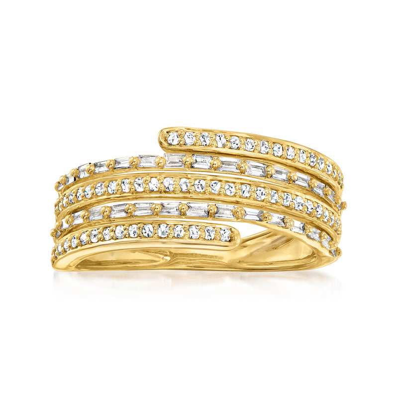 14kt yellow gold multi-row diamond baguette and round ring with polished band