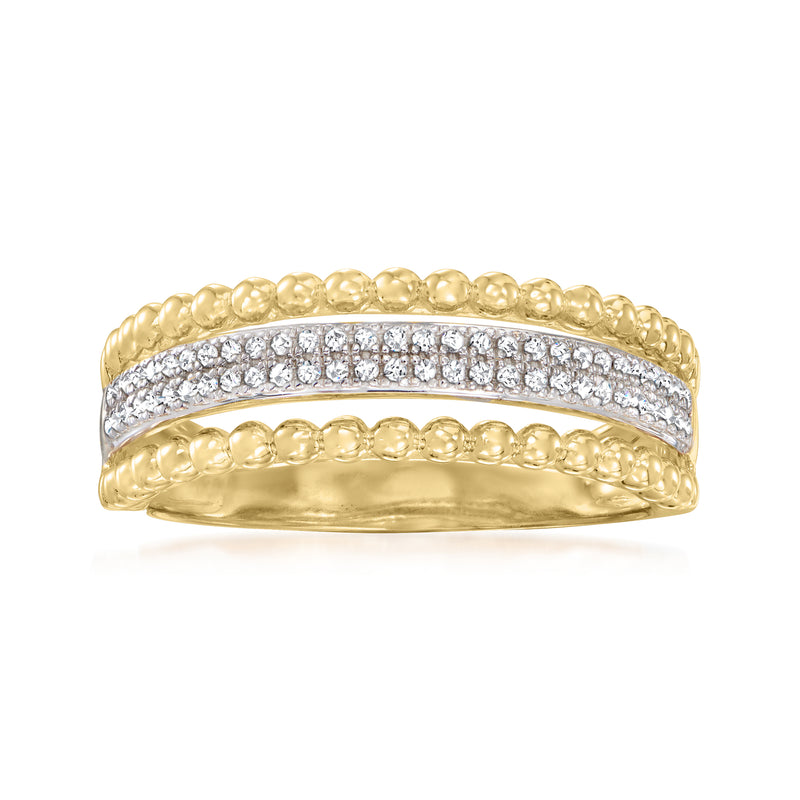 Gold multi-row cluster diamond ring, clear stones on top band, rounded profile