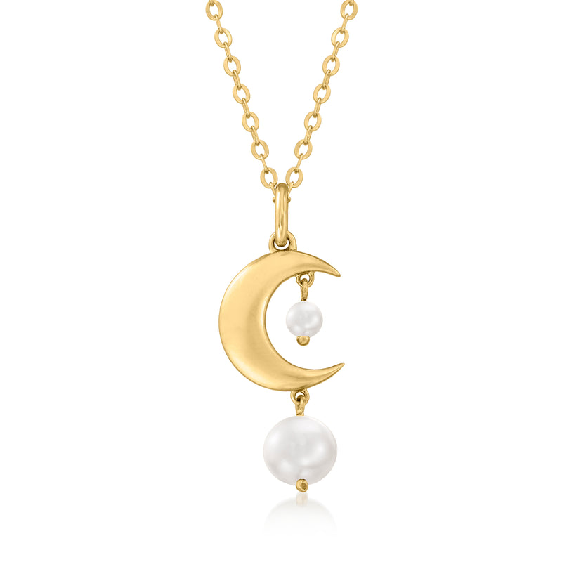 Gold-tone crescent moon pendant necklace with two cultured pearl drops