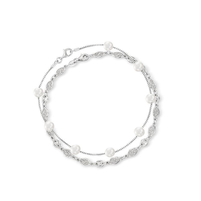 Sterling silver cultured pearl anklet set with two linked strands and round pearl beads