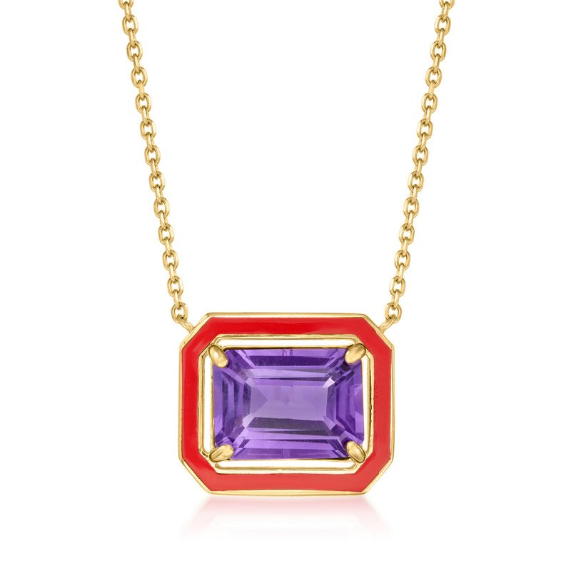 14kt yellow gold necklace with red enamel frame and rectangular amethyst pendant