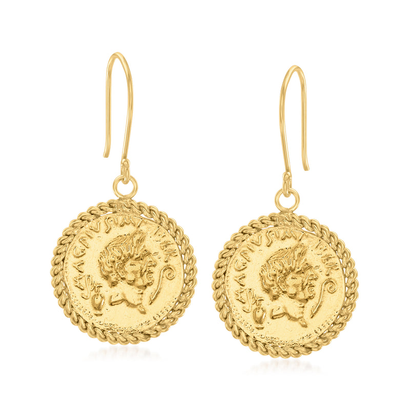 18kt gold over sterling coin drop earrings with earwire hooks, round medallion design