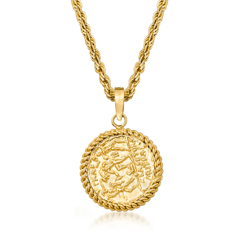 Gold-tone coin pendant necklace with round engraved coin and link chain, front view