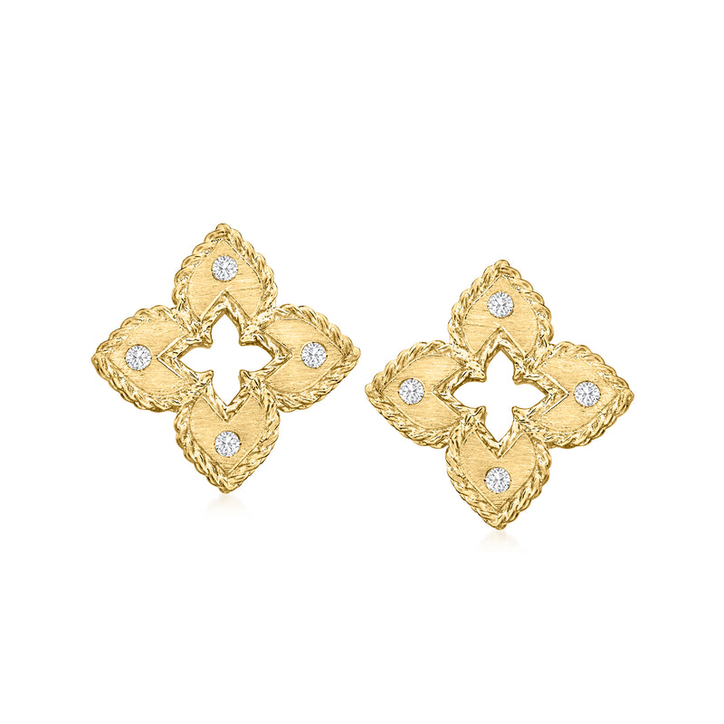 18kt yellow gold diamond flower stud earrings, four-petal motif