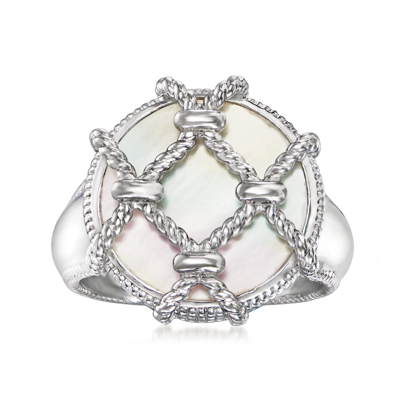 Sterling silver mother-of-pearl ring with braided lattice band
