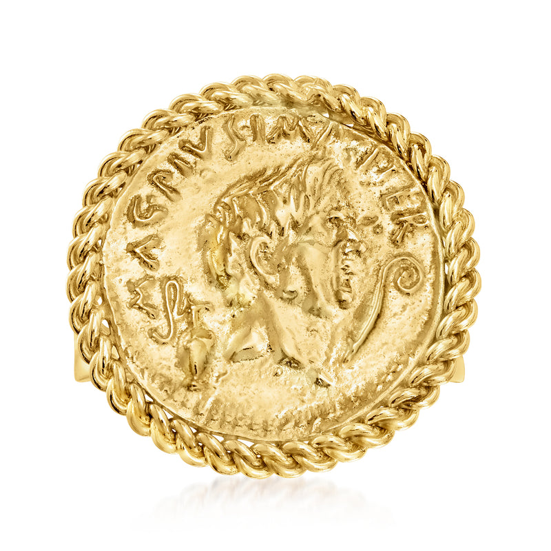 Gold coin ring with engraved face and rope-edged bezel