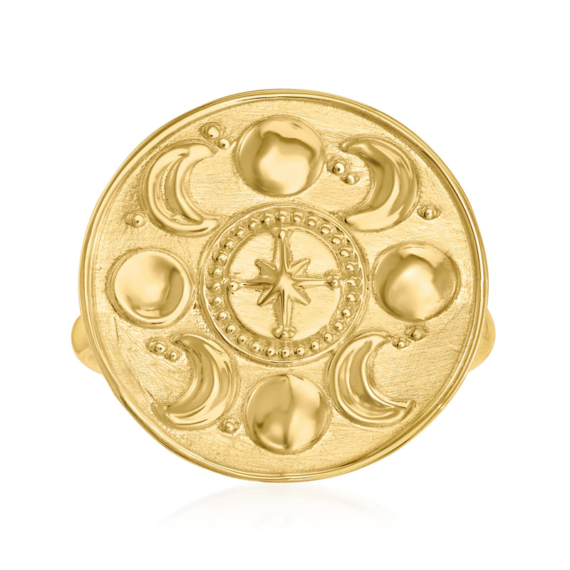 18kt gold over sterling moon phases ring with raised star and crescents, round face