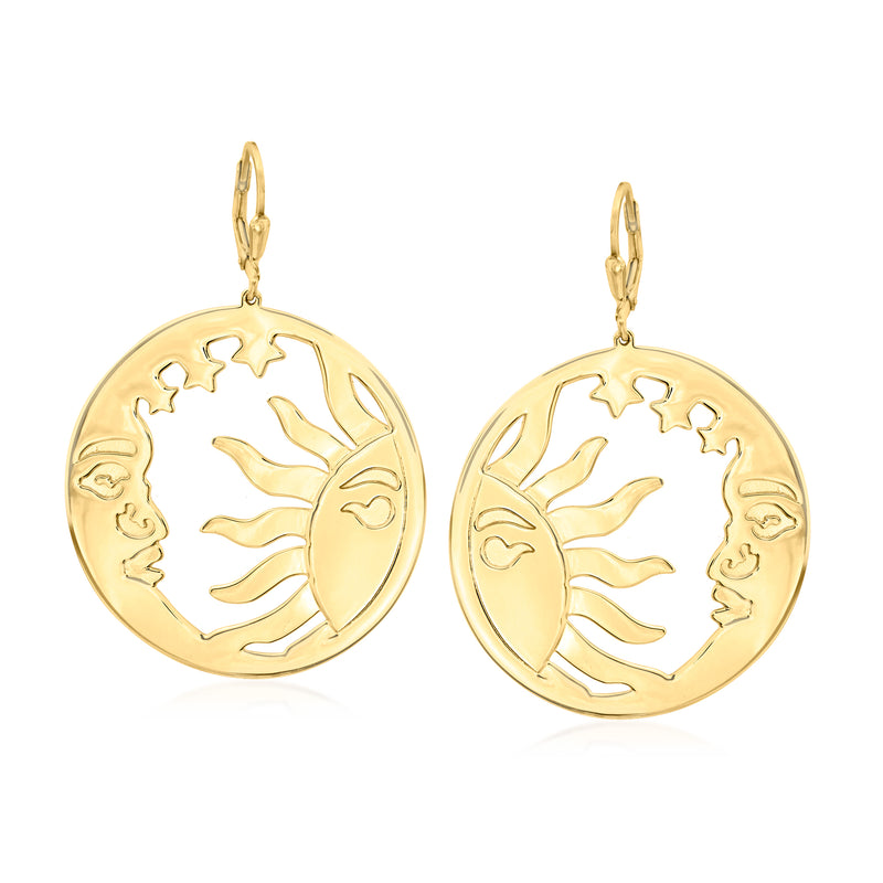 Gold sun & moon cut-out drop earrings, leverback