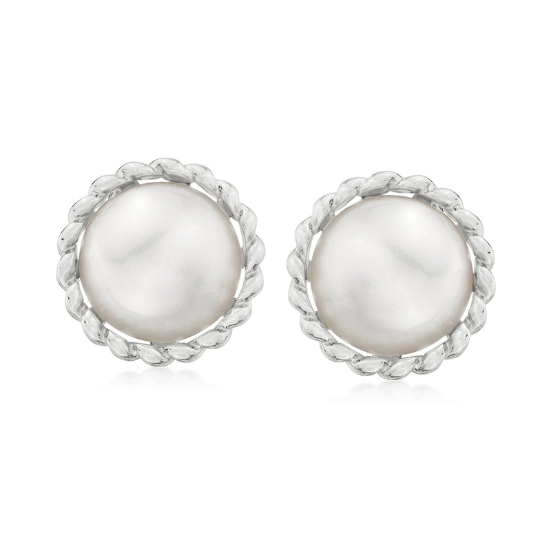 Sterling silver mabe pearl stud earrings, round white pearls with rope-like halo