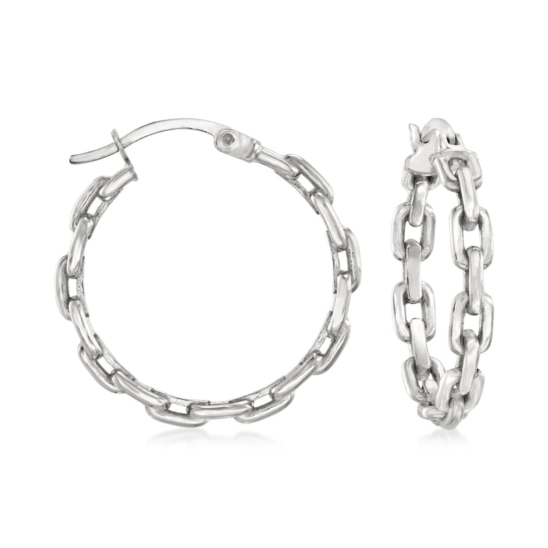 Sterling silver paper-clip link hoop earrings with chain drop detail