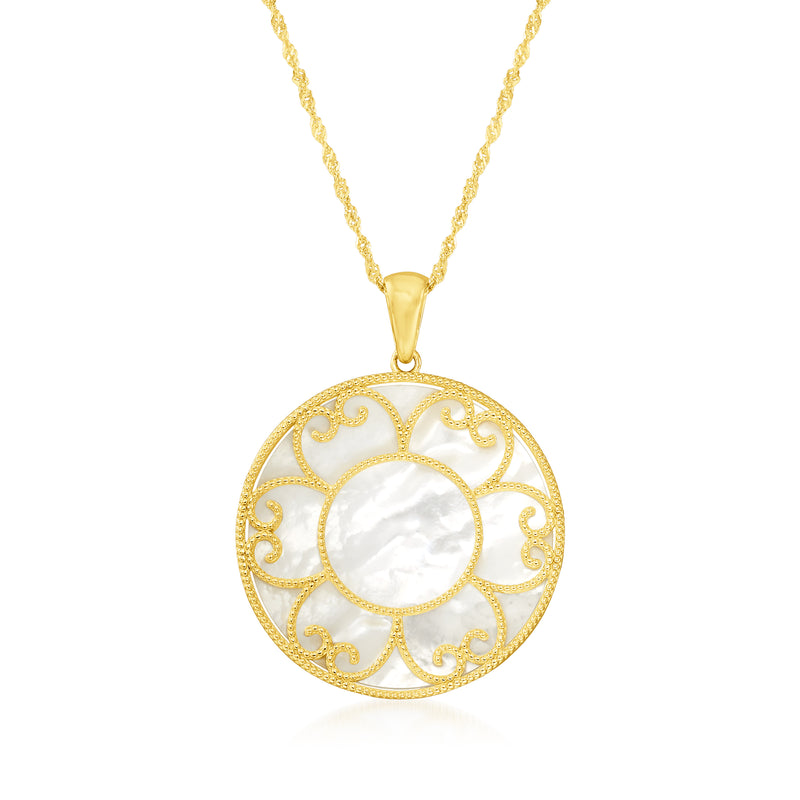 Gold overlay sterling floral pendant necklace with round mother-of-pearl disc and filigree