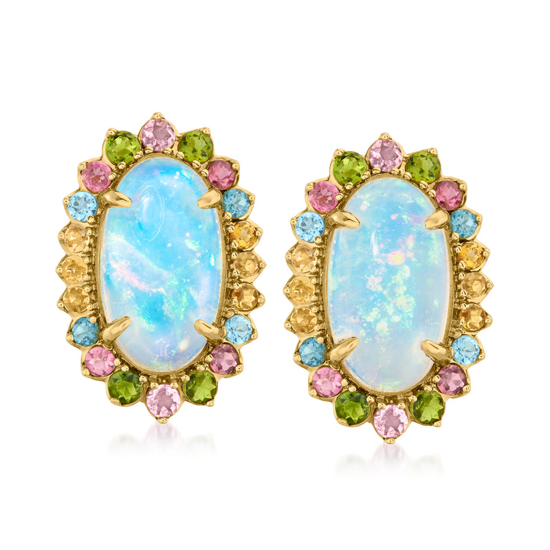 Oval opal drop earrings in 18kt yellow gold with multicolored gemstone halo.