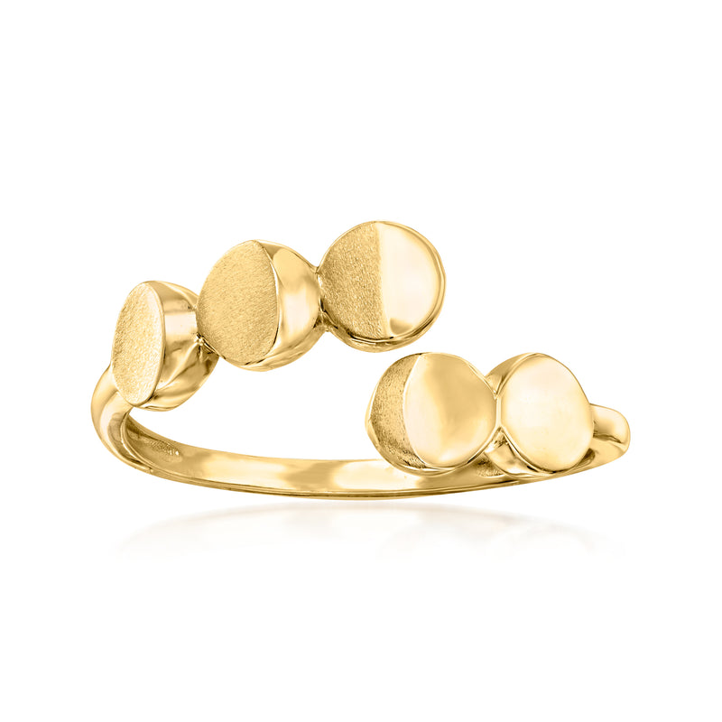 14kt yellow gold bypass ring with four moon-phase medallions, polished and textured