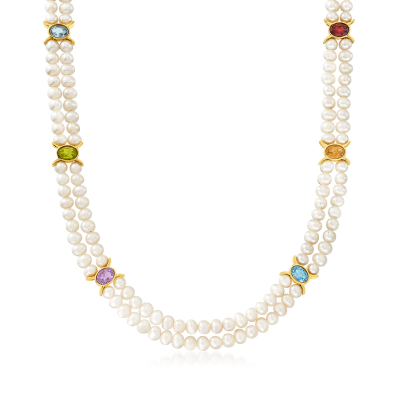 Two-strand cultured pearl necklace with gold spacers and multi-gemstone accents