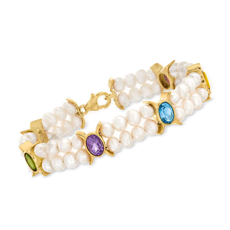 Cultured pearl multi-gemstone bracelet with white beads and gold-tone blue, purple, green stones