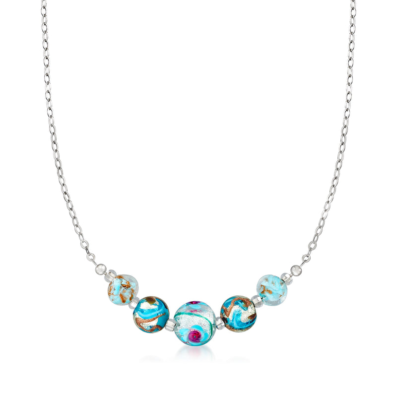 Sterling silver bead necklace with multicolored Murano glass beads on a chain