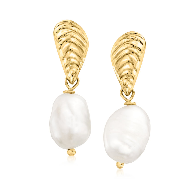 14kt gold baroque pearl drop earrings with oval seashell-shaped pearl drops