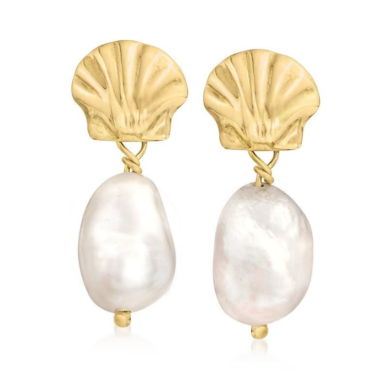 Yellow gold drop earrings with seashell cap and pear-shaped white pearl