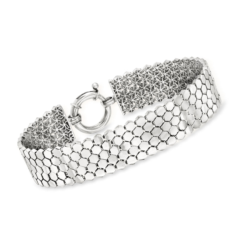 Sterling silver honeycomb-pattern link bracelet with round clasp and hex mesh links