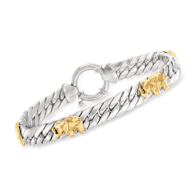 Two-tone sterling silver Cuban-link bracelet with gold elephant medallion accents