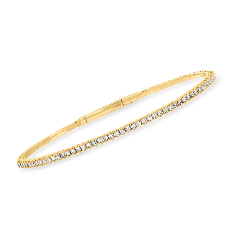 Diamond tennis bangle bracelet in 14kt yellow gold, shown open at an angle