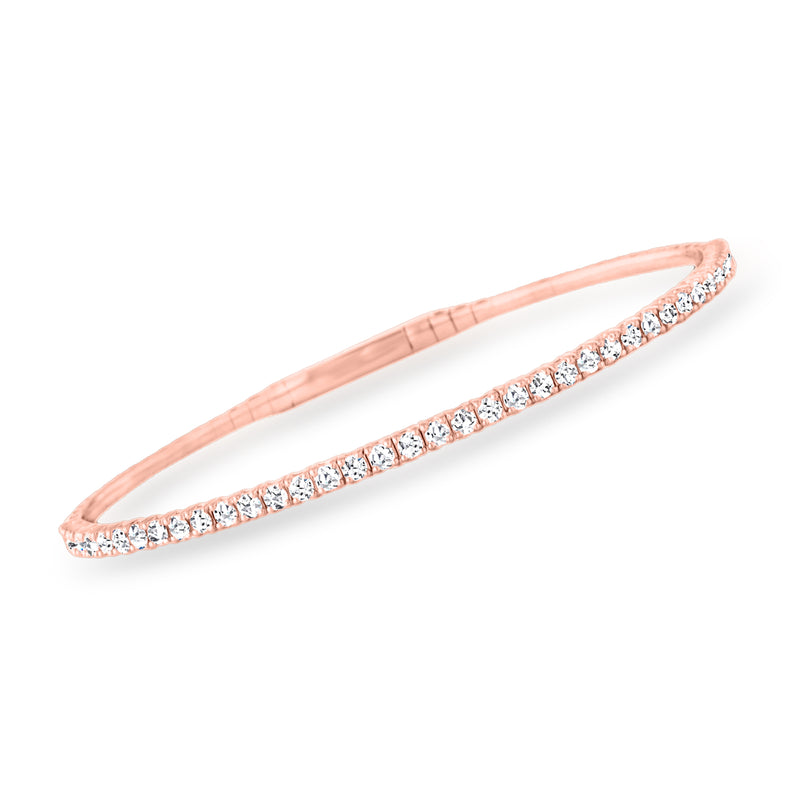 14kt rose gold diamond bangle bracelet with pave-set stones, slim hinged design