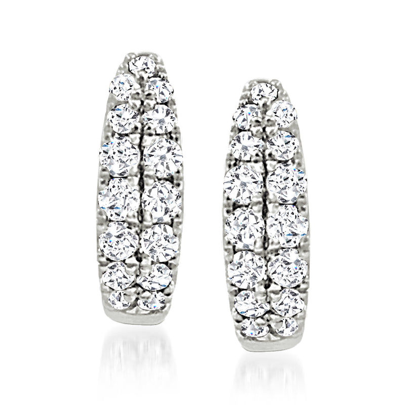 14kt white gold diamond huggie hoop earrings with oval row of round stones
