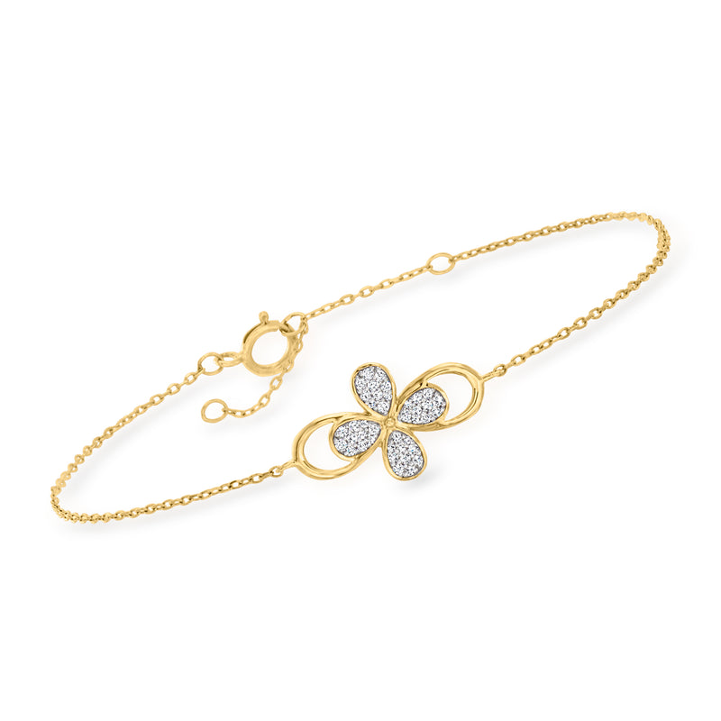 14kt yellow gold diamond flower cluster bracelet with four-petal motif on link chain