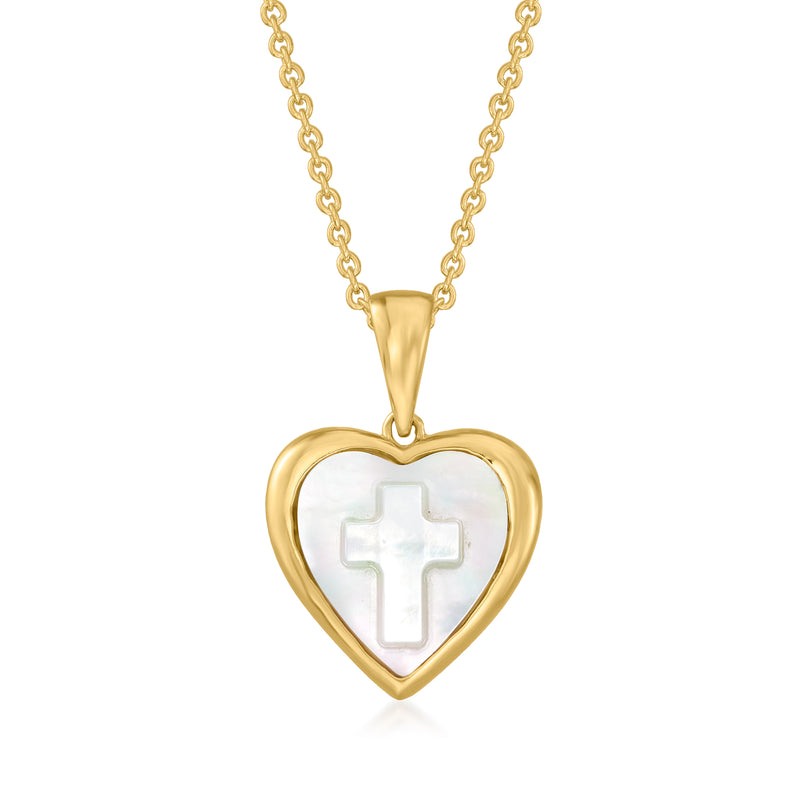 18kt gold over sterling heart pendant necklace with mother-of-pearl cross