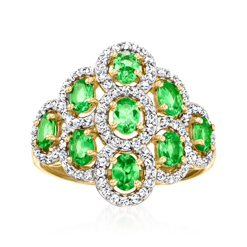 Green oval gemstone cluster ring with halo white stones, gold-tone setting