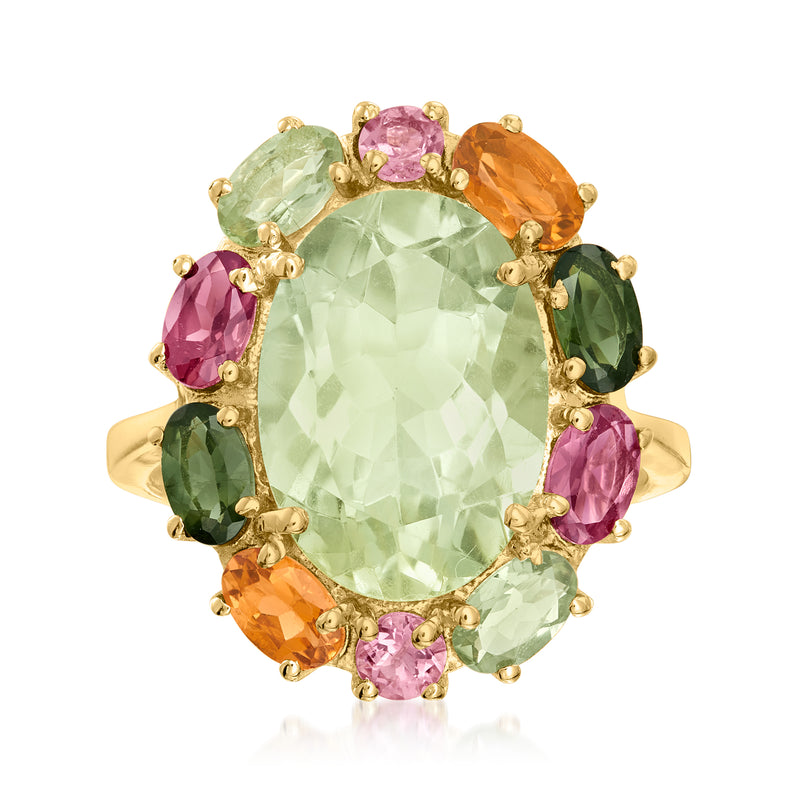Gold flower ring with oval prasiolite center and multicolor tourmaline side stones