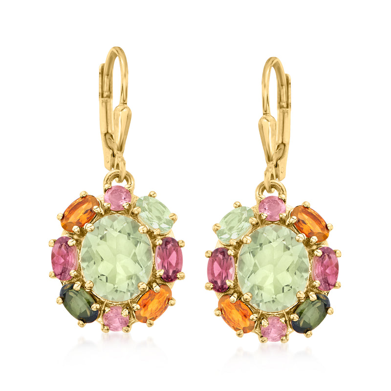 Gold leverback flower drop earrings, green center with pink and orange gemstone accents