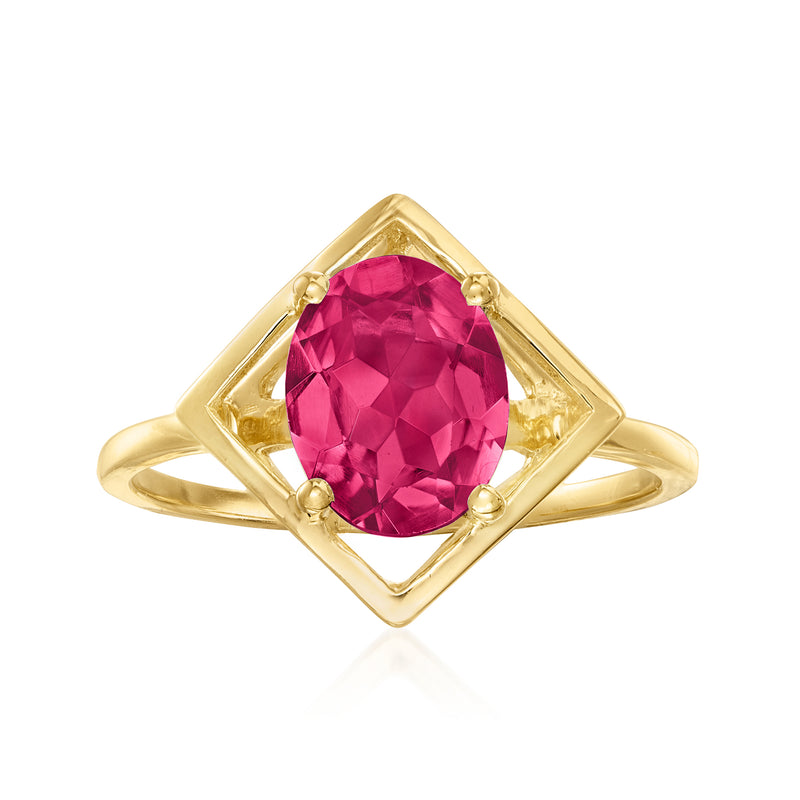 Gold-tone ring with oval pink rhodolite garnet in square setting