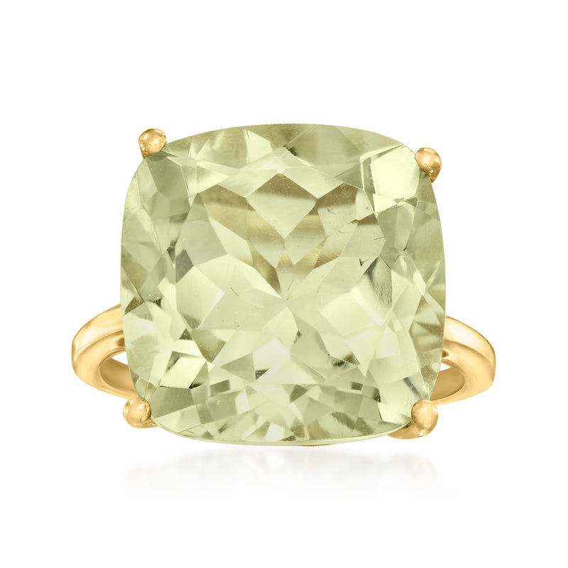 Oval pale green prasiolite ring with gold bezel and round detail prongs