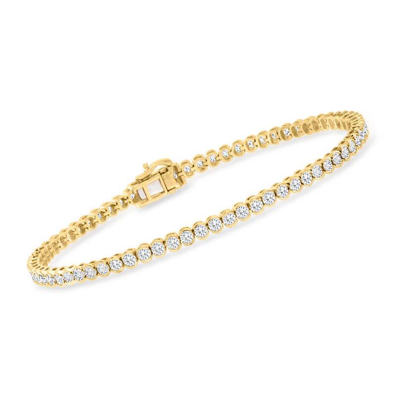 14kt yellow gold diamond tennis bracelet with bezel-set round stones, bright sparkle