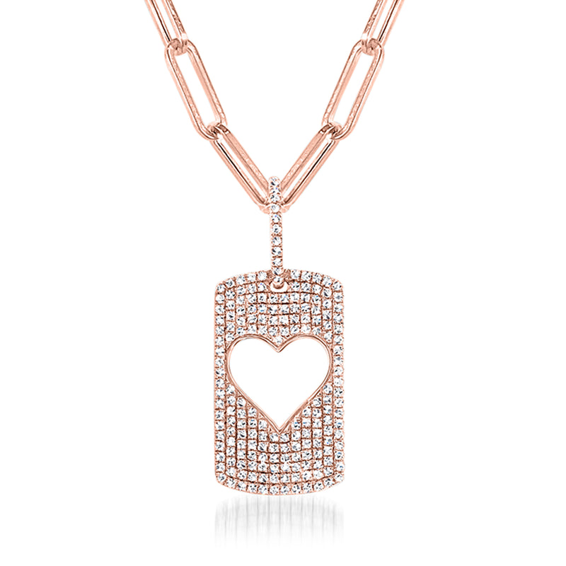 14kt rose gold diamond heart dog tag pendant necklace with heart cutout detail