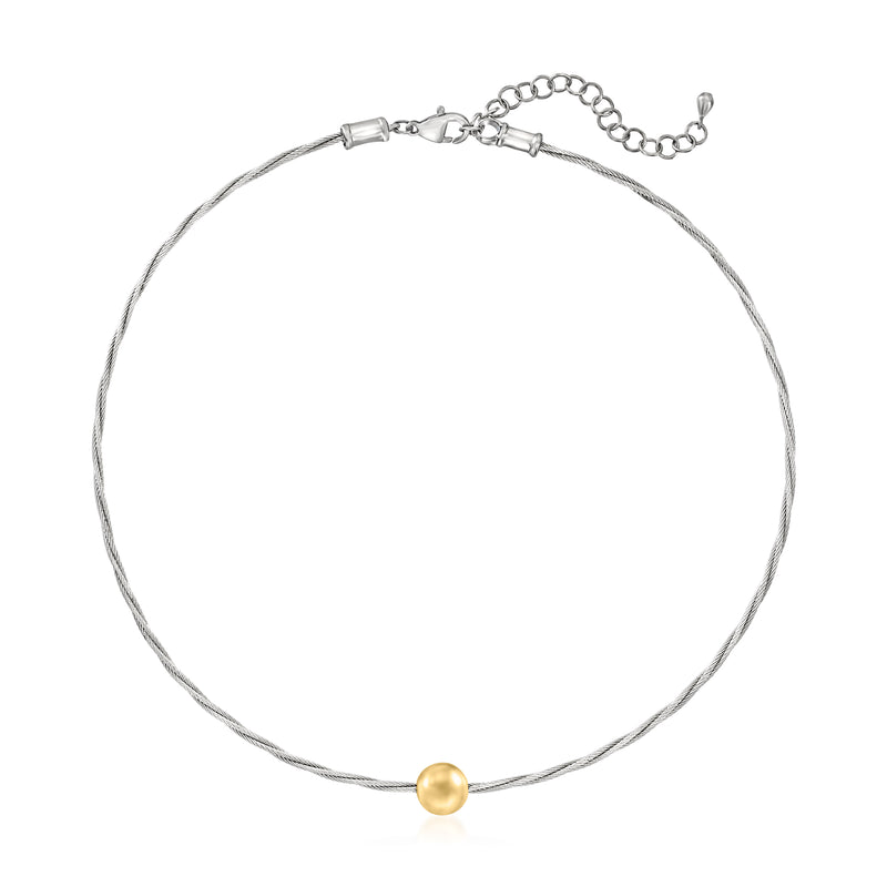 Gray stainless steel cable necklace with round 14kt yellow gold bead and extender chain